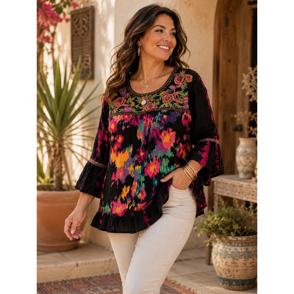 Calessa Embroidered Boho Blouse Ikat Floral Bell Sleeve Top Petite Large
